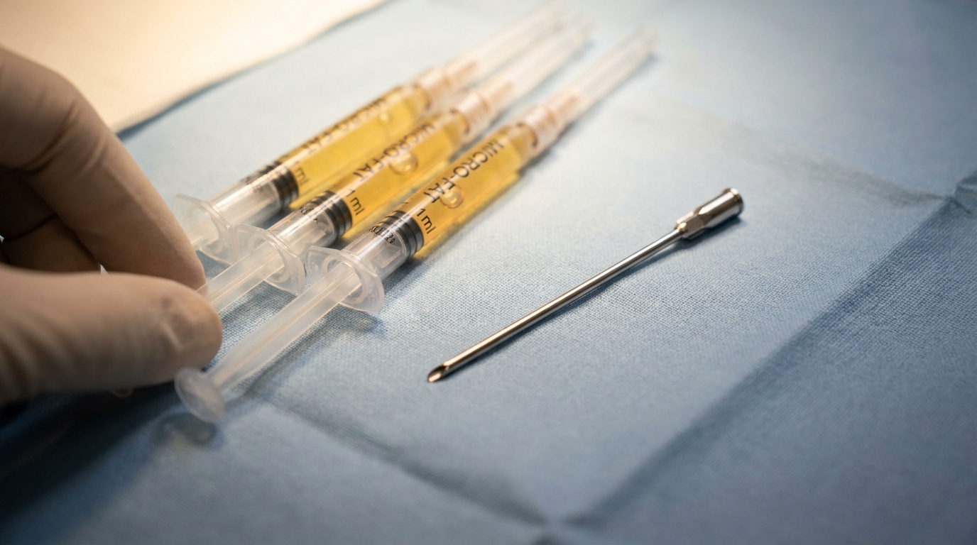 Microcânula romba e seringas de 1 ml com microgordura sobre campo estéril, ilustrando a técnica segura do enxerto de gordura facial